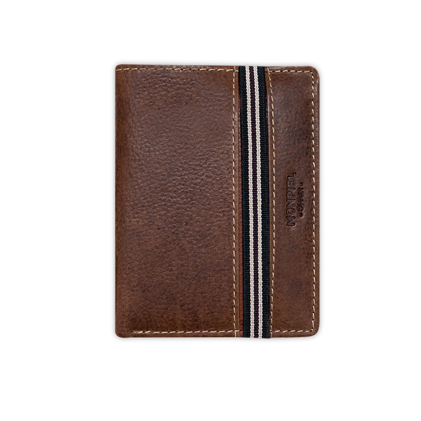 Brown leather wallet with rubber detail, front view on a white background - MONPIEL