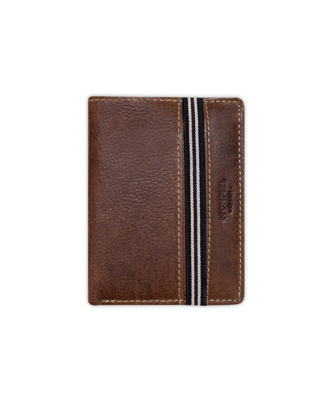 Brown leather wallet with elastic band, front view on a white background - MONPIEL