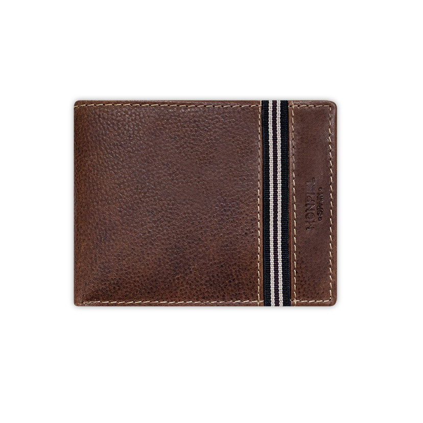 Brown leather wallet with coin purse and rubber detail, front view on a white background - MONPIEL
