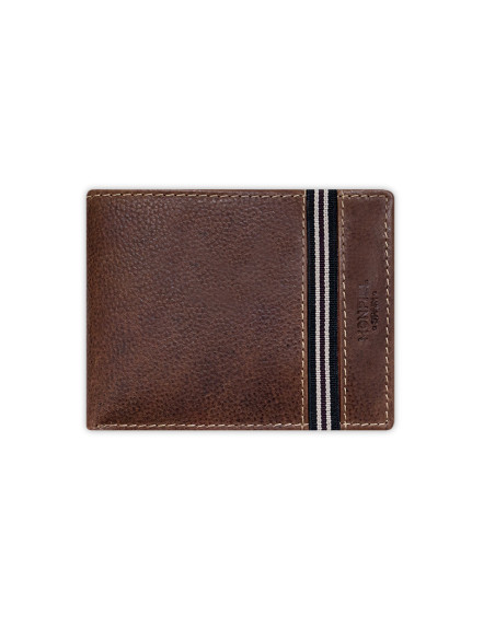 Portefeuille pliant en cuir marron avec pince à billets, vue de face sur fond blanc - MONPIEL Portefeuille pliant en cuir marron avec pince à billets, vue de face sur fond blanc - MONPIEL