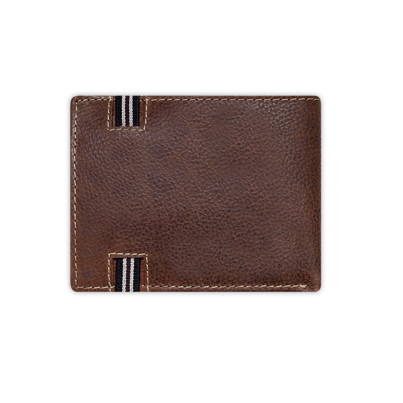Brown leather wallet with coin purse and rubber detail, rear view on a white background - MONPIEL
