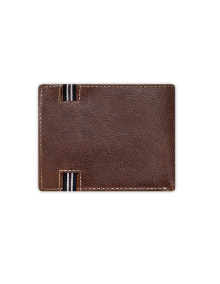 Portafoglio bifold in pelle marrone con clip per banconote, vista posteriore su sfondo bianco - MONPIEL