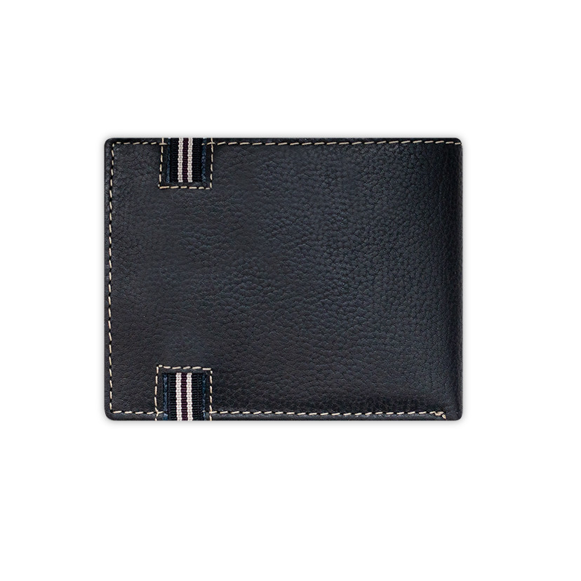 Black leather wallet with coin purse and rubber detail, rear view on a white background - MONPIEL