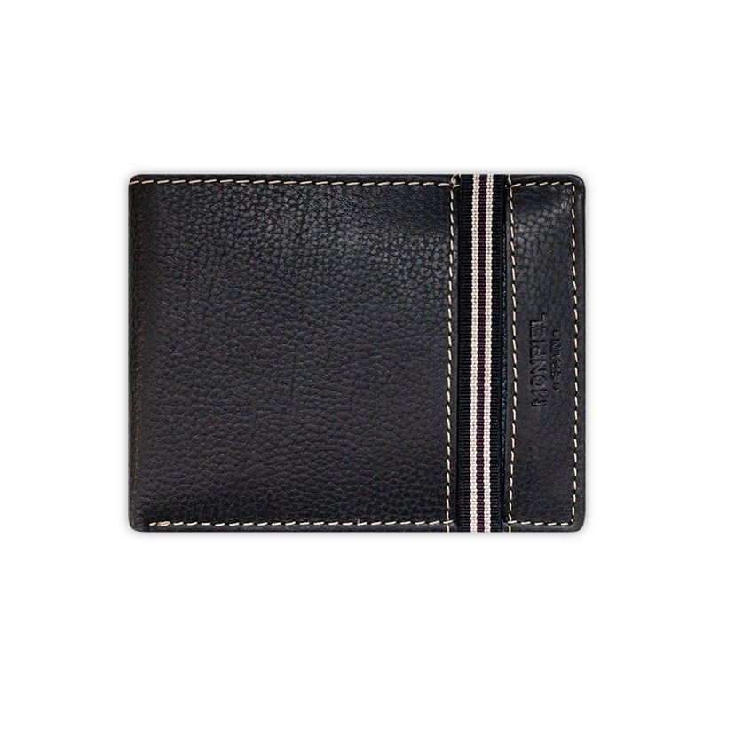 Black leather wallet with coin purse and rubber detail, front view on a white background - MONPIEL