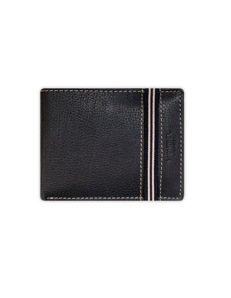 Black leather wallet with coin purse and rubber detail, front view on a white background - MONPIEL Black leather wallet with coin purse and rubber detail, front view on a white background - MONPIEL