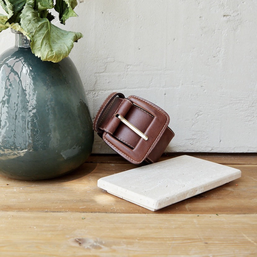 Extra wide belt with covered buckle in brown, coiled with buckle detail - MONPIEL