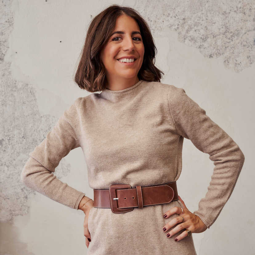 Extra wide belt with covered buckle in brown, worn over a dress, medium shot - MONPIEL