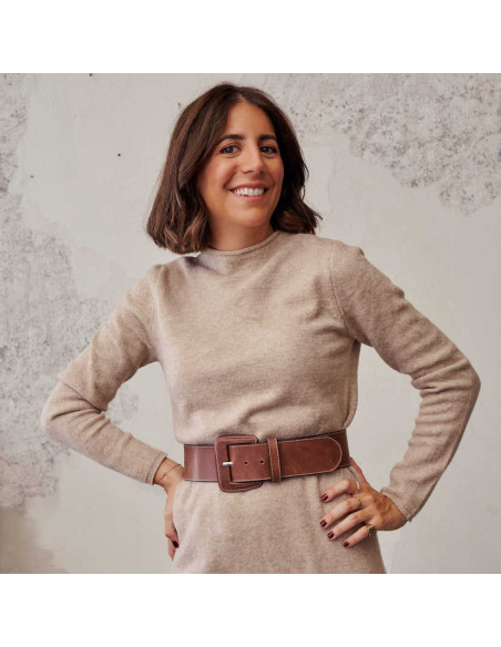 Extra wide belt with covered buckle in brown, worn over a dress, medium shot - MONPIEL