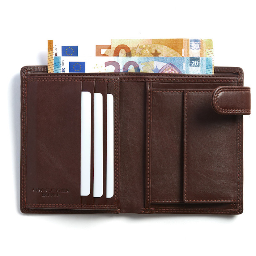 XL leather wallet with clasp and coin purse in brown, open with card slot detail - MONPIEL