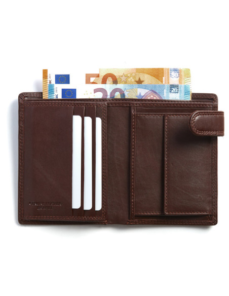 XL leather wallet with snap closure and coin pocket, in brown, open, showing card slots - MONPIEL XL leather wallet with snap closure and coin pocket, in brown, open, showing card slots - MONPIEL