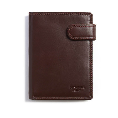 Cartera de piel xl con broche y monedero en color marrón con vista frontal sobre fondo blanco - MONPIEL 2