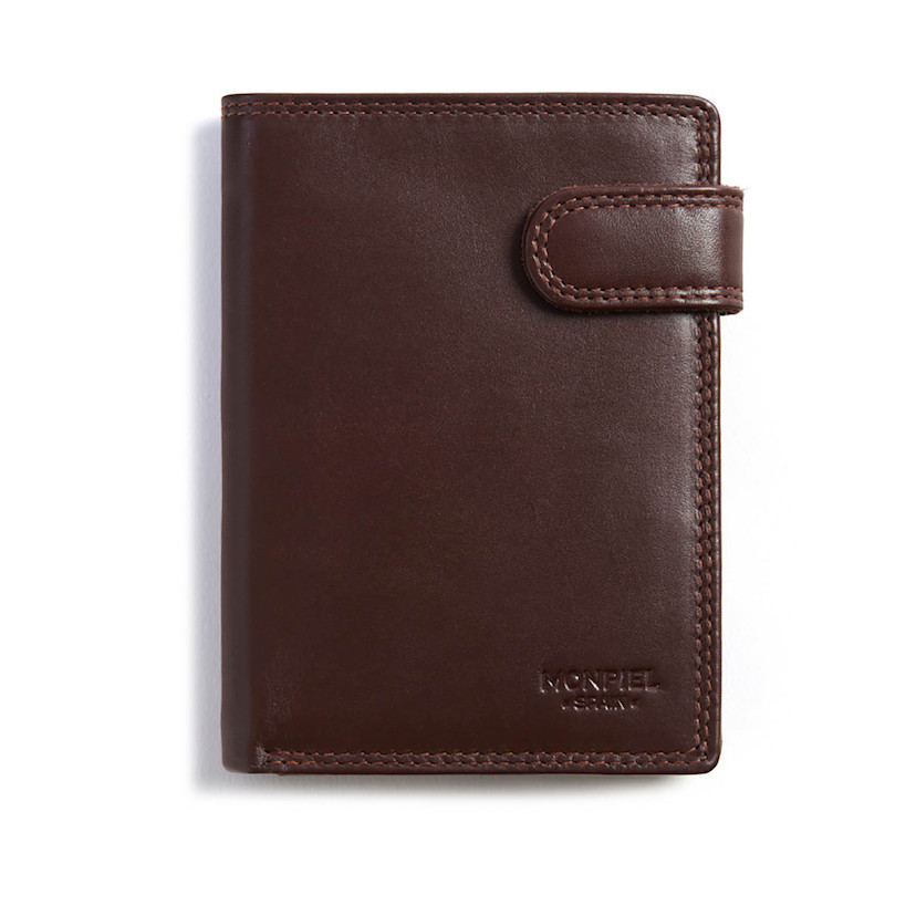 XL leather wallet with clasp and coin purse in brown, front view on a white background - MONPIEL