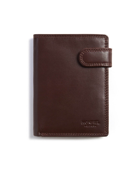 Portefeuille en cuir XL avec fermeture à pression et porte-monnaie, vue de face, marron, sur fond blanc - MONPIEL