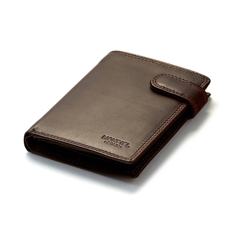 XL leather wallet with clasp and coin purse in brown, perspective view on a white background - MONPIEL