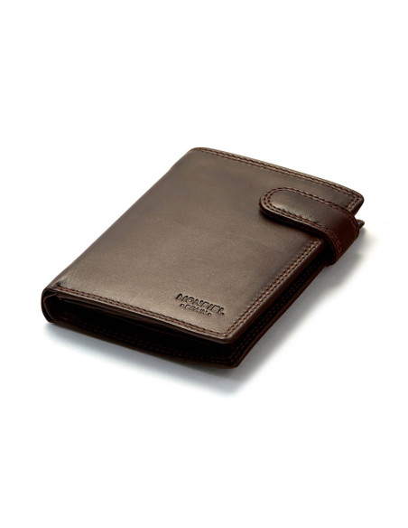 XL leather wallet with snap closure and coin pocket, perspective view, in brown on a white background - MONPIEL XL leather wallet with snap closure and coin pocket, perspective view, in brown on a white background - MONPIEL
