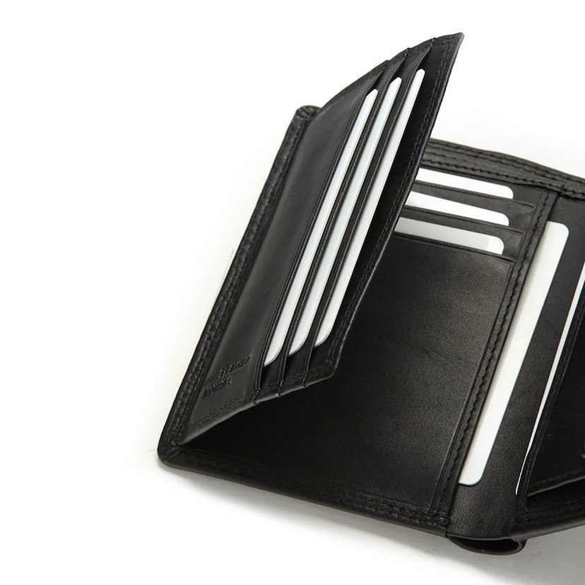 XL leather wallet with clasp and coin purse in black, card slots close-up on a white background - MONPIEL
