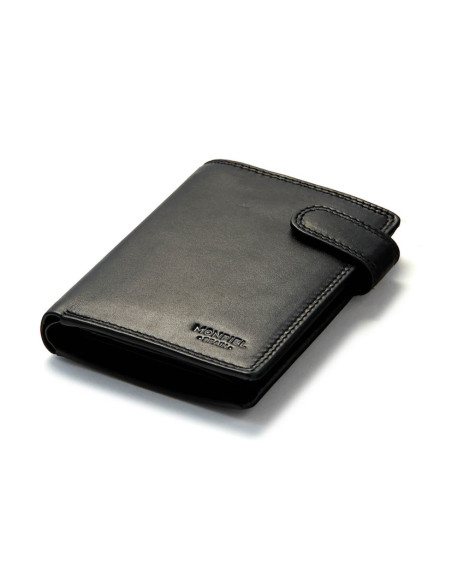 Cartera de piel xl con broche y monedero en color negro con vista en perspectiva sobre fondo blanco - MONPIEL