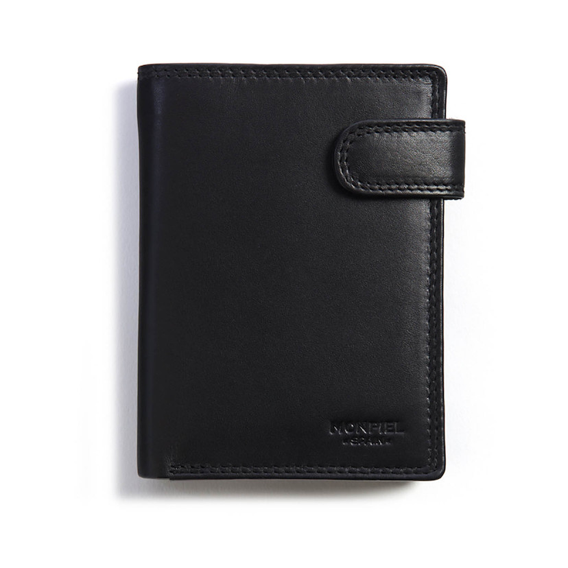 XL leather wallet with clasp and coin purse in black, front view on a white background - MONPIEL