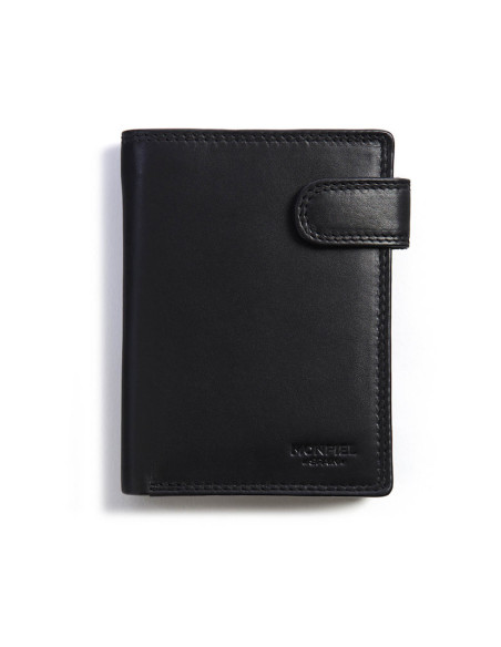 XL leather wallet with snap closure and coin pocket, front view, in black on a white background - MONPIEL