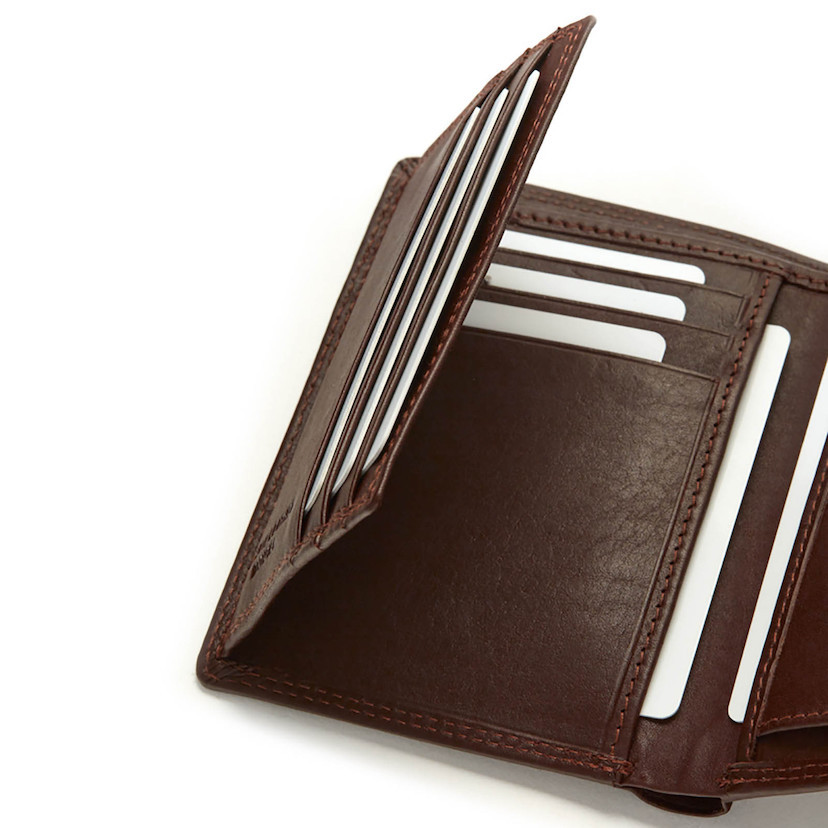 XL leather wallet with clasp and coin purse in brown, card slot detail on a white background - MONPIEL