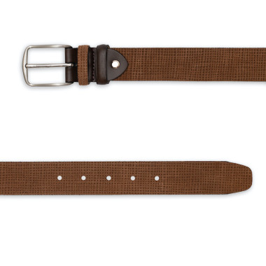 Classic men's suede leather belt in leather color with front view on white background - MONPIEL