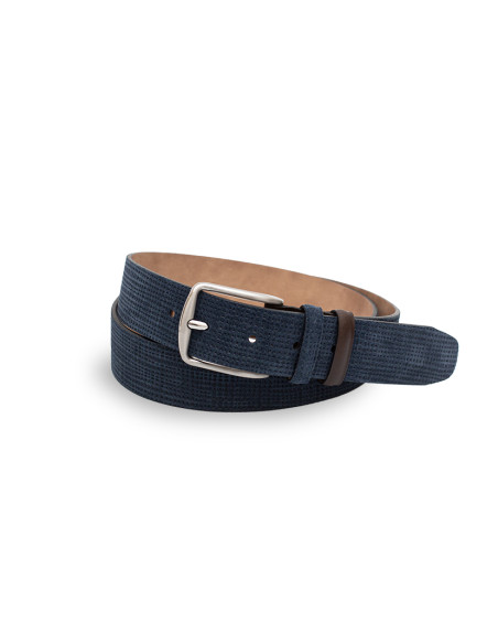 Classic men's suede leather belt in blue colour coiled on white background - MONPIEL
