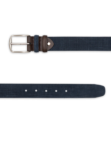 Classic men's suede leather belt in blue colour with front view on white background - MONPIEL