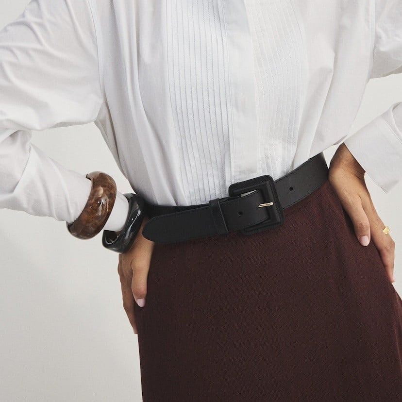 Wide leather belt with lined buckle