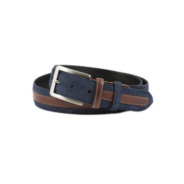 Cintura in pelle blu navy arrotolata con fibbia rettangolare in metallo, dettaglio in pelle marrone - MONPIEL 2