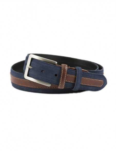 Cintura in pelle blu navy arrotolata con fibbia metallica rettangolare e striscia in pelle marrone - MONPIEL