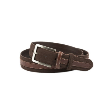 Navy leather belt, rolled, with rectangular metal buckle and brown leather detail - MONPIEL 2