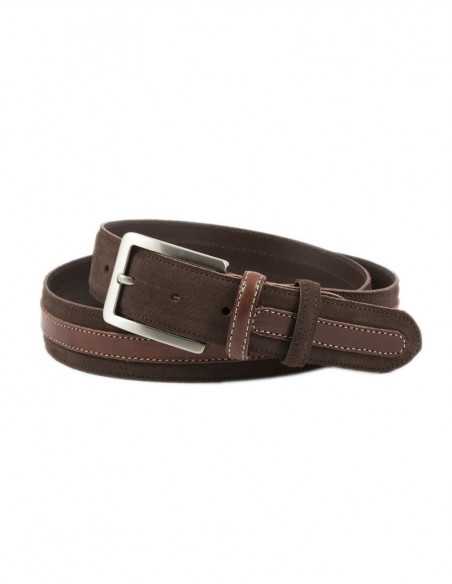 Back view of the brown leather belt with tone-on-tone stitching and metal buckle - MONPIEL