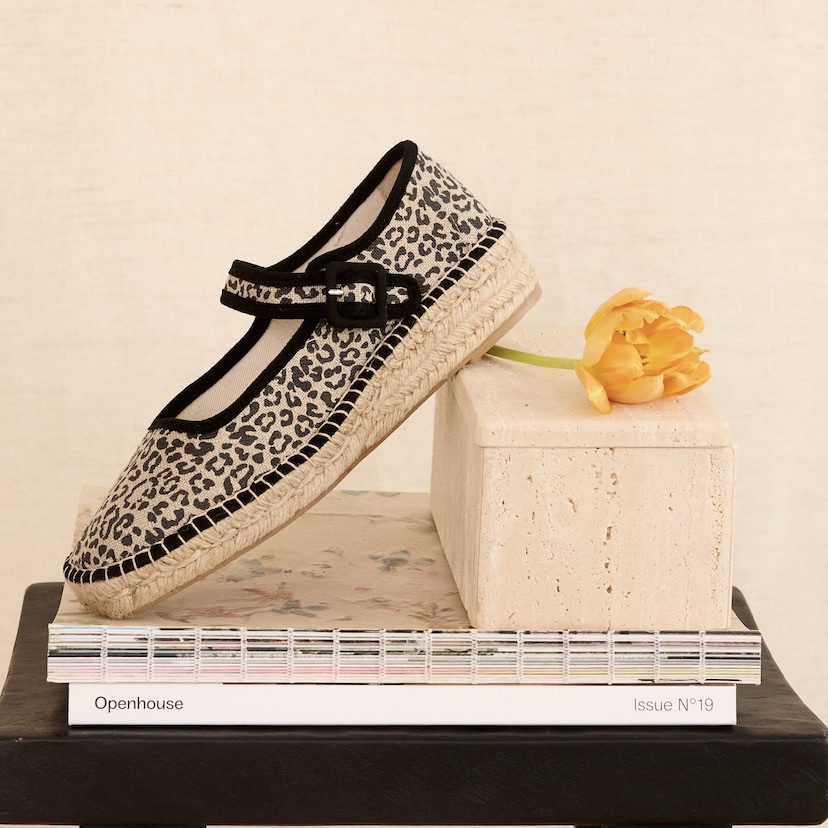 Cuba leopard print Mary Jane espadrille in black leopard canvas with side profile view resting - MONPIEL