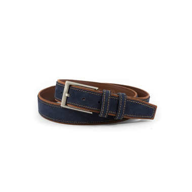 Side view of navy leather belt with metal buckle and brown side detail - MONPIEL 2