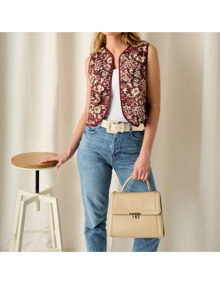 Bolso de piel mujer 60's en color beige con vista frontal en plano medio - MONPIEL