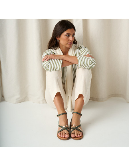 Platinum-strap heeled sandal Rodios in green, full front view - MONPIEL