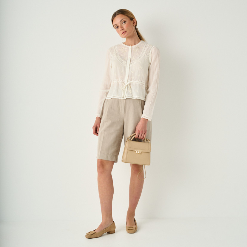 Carmen square toe flat slipper in camel with front and perspective view, full shot of the model standing - MONPIEL