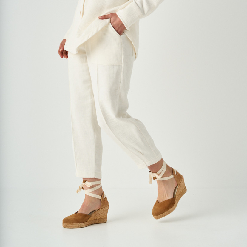 Elba leather suede wedge espadrille in leather color, perspective view of steps, mid shot - MONPIEL