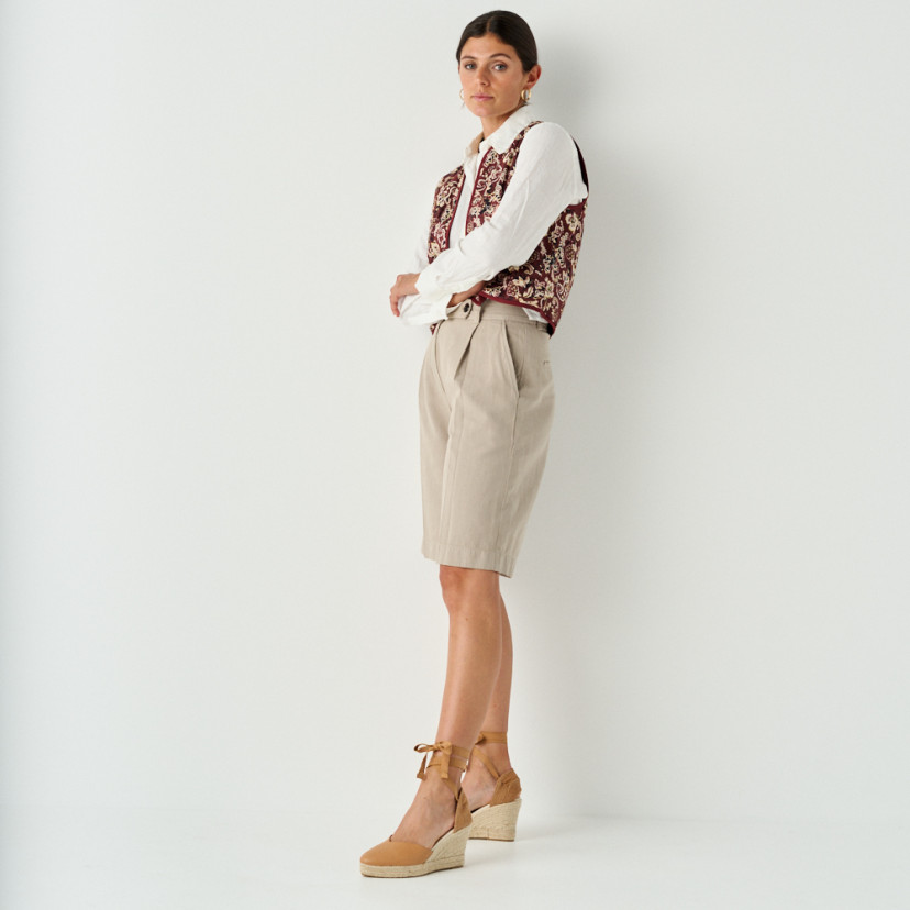 Elba camel leather wedge espadrille with perspective view, full shot of the model standing - MONPIEL