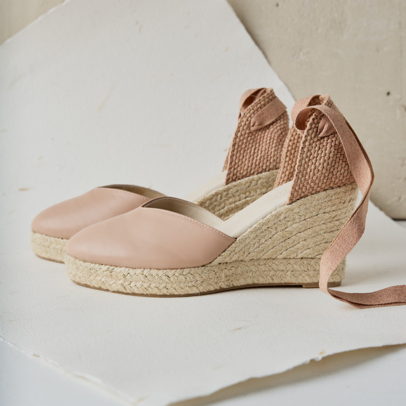 Elba nude leather wedge espadrille with side view on paper - MONPIEL