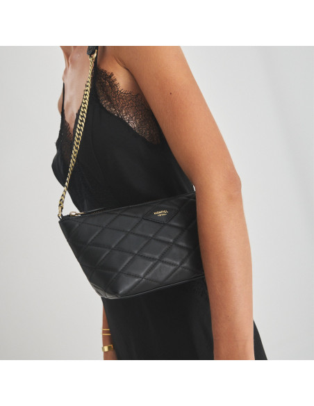 Bolsa de couro feminina pequena acolchoada New York na cor preta, pendurada no ombro - MONPIEL