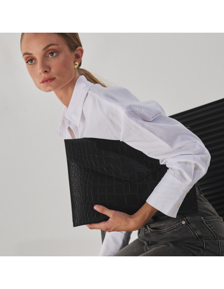 Elegance coco leather laptop sleeve in black color, front view, under the arm - MONPIEL