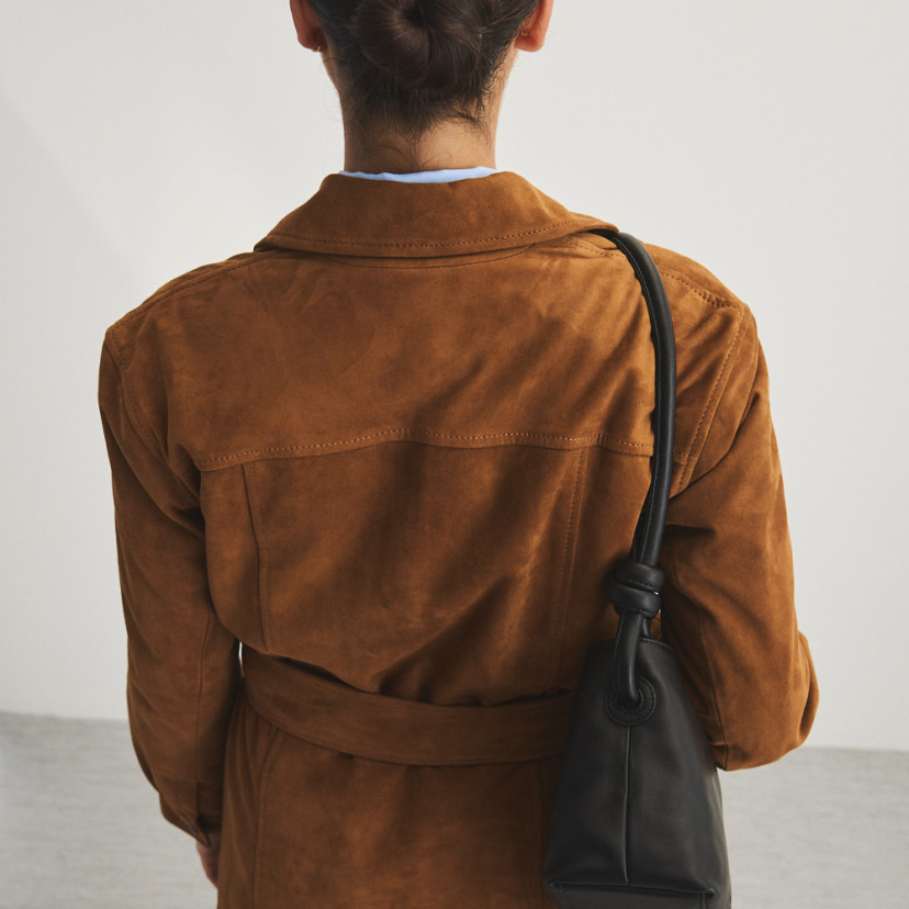 Camel suede trench coat, rear view - MONPIEL