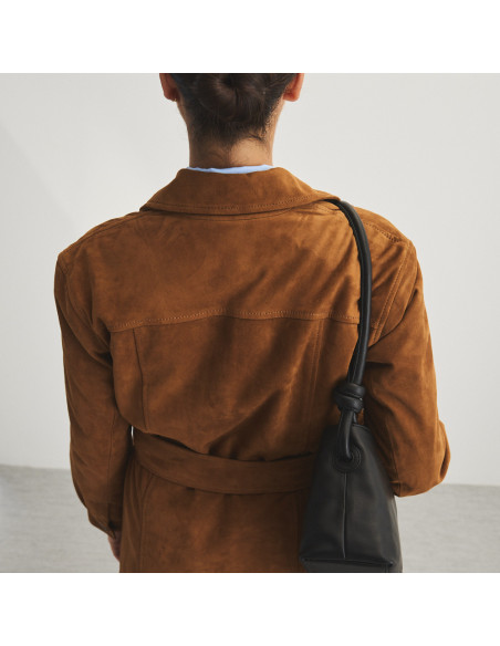 Camel suede trench coat, back view - MONPIEL