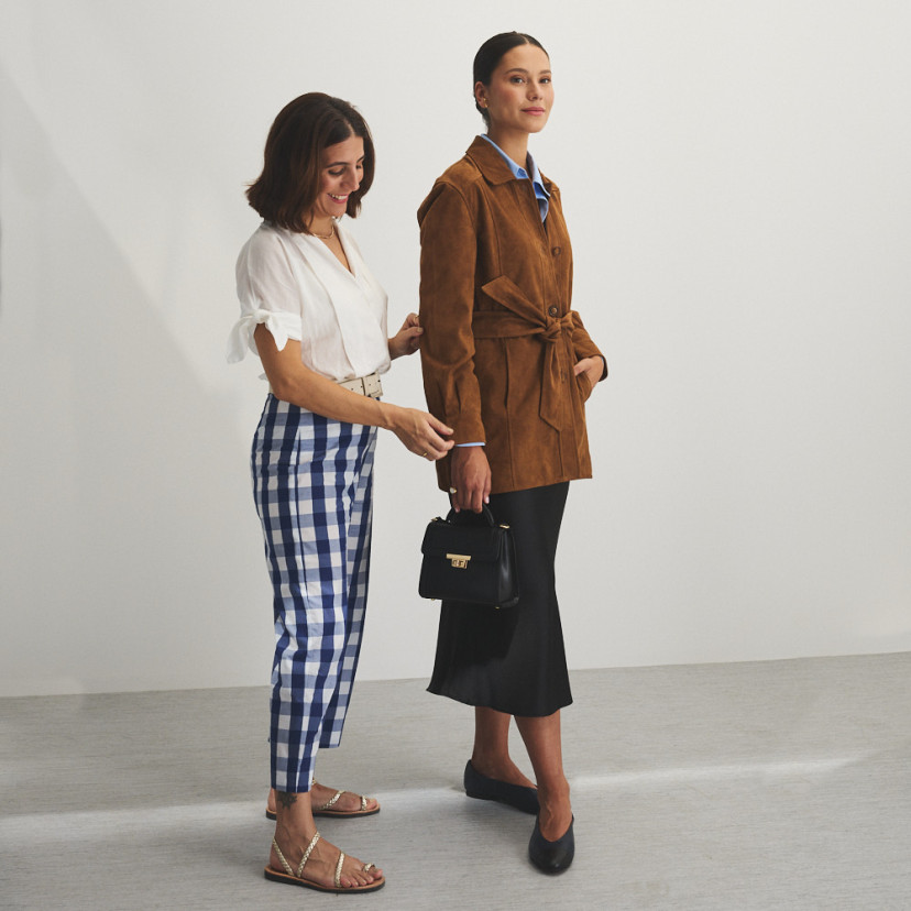 Camel suede trench coat with sleeve detail, full shot - MONPIEL