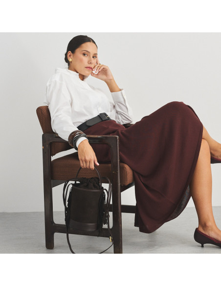 Small Roma bucket bag with leather fringes in brown suede, held by the short handle - MONPIEL