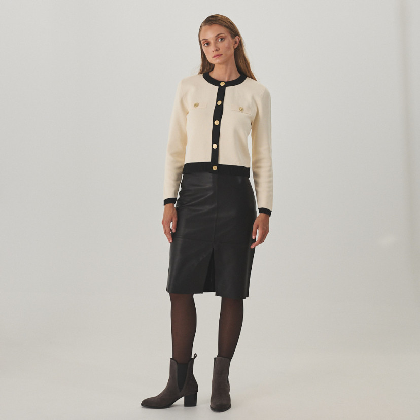 Marcela leather ankle boot in grey suede, full shot of the model standing - MONPIEL