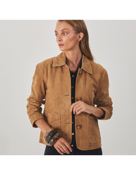 Camel leather women's jacket with stitching, mid shot, front view - MONPIEL Camel leather women's jacket with stitching, mid shot, front view - MONPIEL