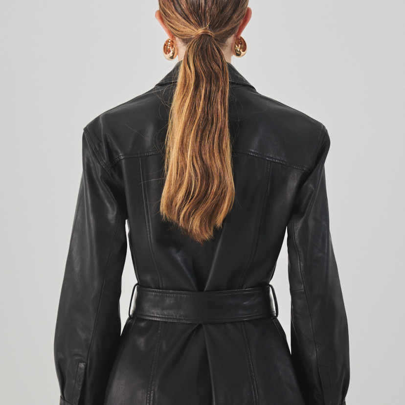 Black leather trench coat, rear view - MONPIEL
