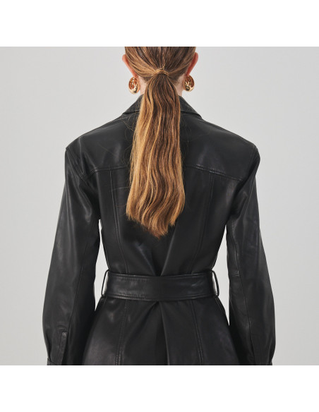 Black leather trench coat, back view - MONPIEL